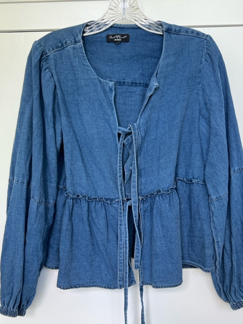 Denim Heart Blue Denim Tie-Front Peplum Top - Picture 2 of 5